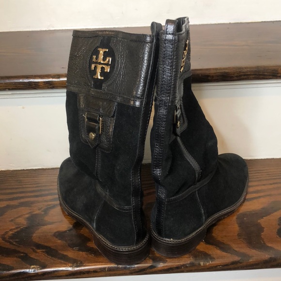 Tory Burch Black Suede Leather Cuff Mid Calf Boots Size 7 - Picture 14 of 16